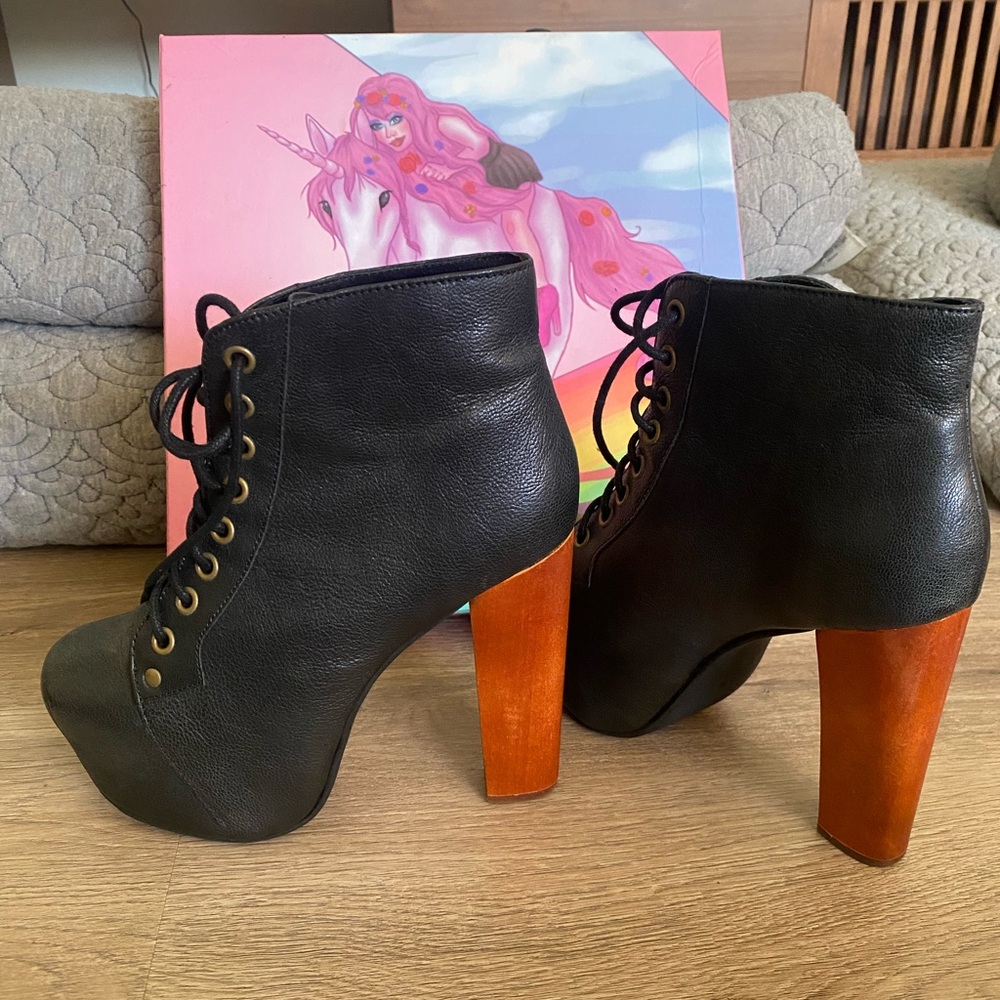 Jeffrey Campbell Black Ankle Boots with Orange Heel